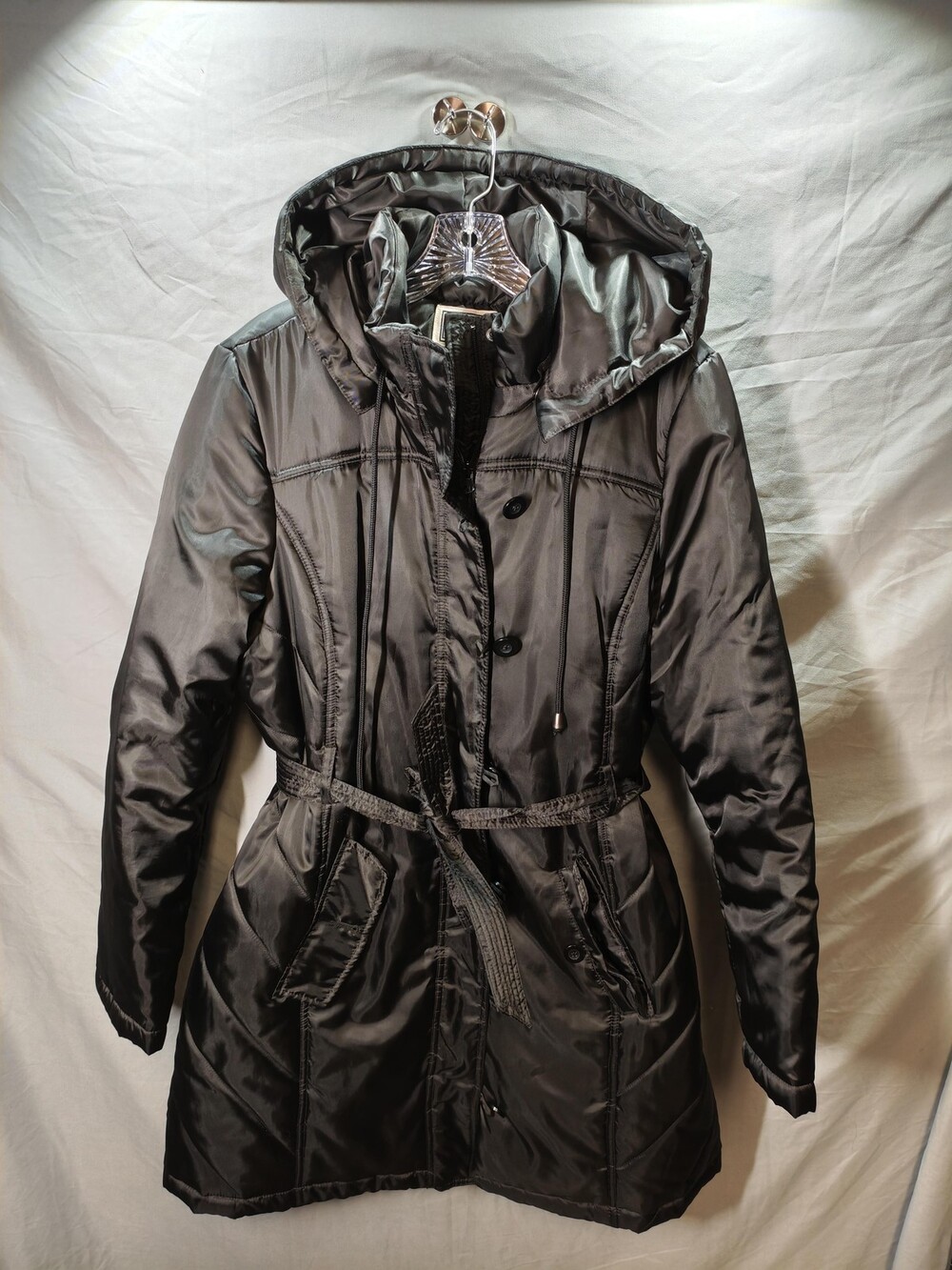 Converse One Star Jacket Womens XL Black Hooded Belted Quilted Parka Coat Winter